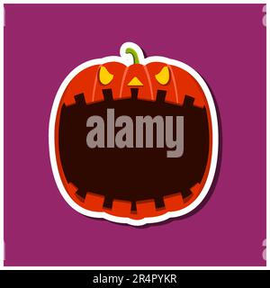 Monster-Aufkleber mit Halloween-Kürbis. Violetter Hintergrund. Flaches Design. Halloween-Symbole. Vektor und Illustration. Stock Vektor