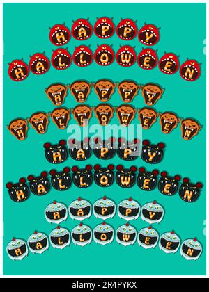 Happy Halloween Text Banner On Head Monsters. One-Eye-Monster, Wolfsmensch, Maus und gruseliger Gnome-Kopf-Design. Vektor und Illustration. Stock Vektor