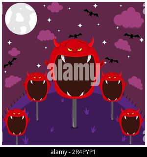 Halloween-Design Mit Charakterkopf. Teufelsfigur im Feld und in der Nacht. Vektor Und Illustration Stock Vektor