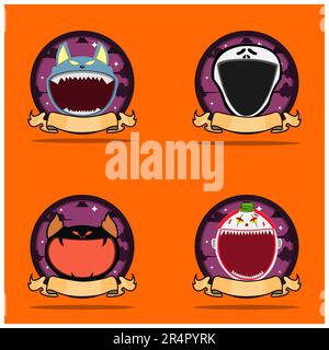 Emblem Set Head Monster. Mit „Wolf“, „Scream“, „Creepy bat“ und „Creepy Clown Head“-Figur. Vektor Und Illustration. Stock Vektor