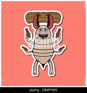 Süßer Insektenaufkleber Mit Gierigem Termiten-Cartoon Bringt Holz. Rosafarbener Hintergrund. Charakter, Symbol, Maskottchen, Vektor und Illustration. Stock Vektor