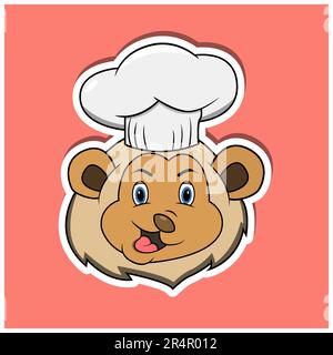 Sticker Mit Tiergesicht Und Löwe Mit Kochmütze. Charakterdesign. Vektor und Illustration Stock Vektor