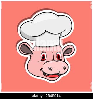 Sticker Mit Tiergesicht Und Hippopotamus In Der Chefmütze. Charakterdesign. Vektor und Illustration Stock Vektor