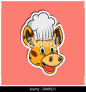 Sticker Mit Tiergesicht Und Giraffe Mit Kochmütze. Charakterdesign. Vektor und Illustration Stock Vektor