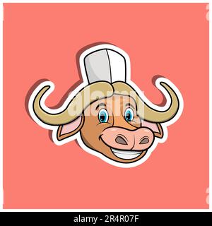 Sticker Mit Tiergesicht Und Büffel Mit Kochmütze. Charakterdesign. Vektor und Illustration Stock Vektor