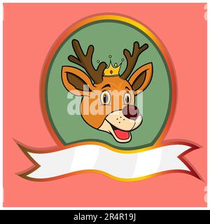 „Niedlicher Tierkopf Mit Krone Auf Rahmen“-Etikett. Hirschkopf. Perfekt für Cartoon-, Logo-, Icon- und Charakterdesign. Vektor Und Illustration. Stock Vektor