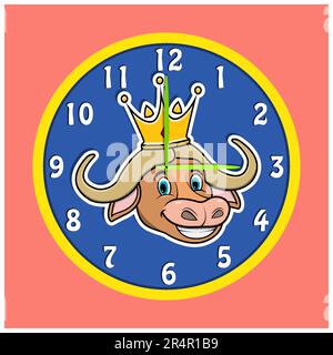 Sticker Tierkopf Mit Krone Auf Der Uhr. Büffelkopf. Perfekt Für Die Kinderuhr Mit Charakterdesign. Vektor Und Illustration. Stock Vektor