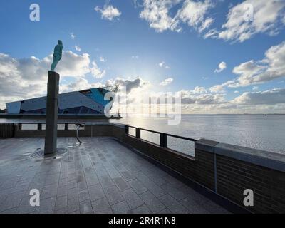 The Deep, das Aquarium in Hull, East Yorkshire, mit der Skulptur „Vogage“ von Steinunn Þórarinsdóttir. Stockfoto