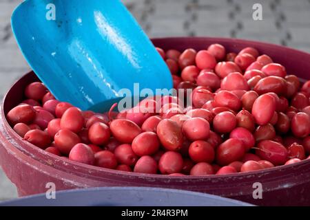 Rosa und blaue Oliven auf dem Wochenmarkt in Urgup, Türkei. Die rosafarbenen Oliven werden mit Rote-Bete-Saft gefärbt. Stockfoto
