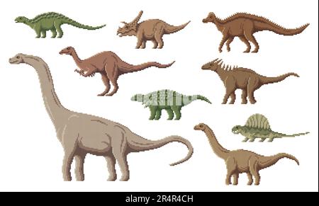 Pixel-Dinosaurier-Figuren. 8-Bit-Pixel-Art-Spiel Dino-Tiere. Deinocheirus, Amargasaurus, Nodosaurus und Titanosaurus, Panoplosaurus, Hypacrosaurus Jurassic prähistorisches Reptil, Pixelvektor-Dinosaurier Stock Vektor