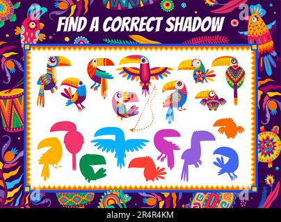 Finde einen richtigen Schatten von mexikanischen und brasilianischen Tukanen. Arbeitsblatt für Spiele zur Mindentwicklung für Kinder, passendes Quiz mit tropischen Vögeln im Alebrije-Stil. Logikarbeit für Kinder, Vorschulerziehungsaufgabe Stock Vektor