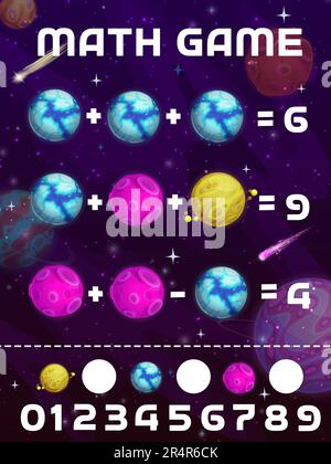 Mathematik-Arbeitsblatt, Cartoon-Weltraumplaneten und -Sterne, Vektorquiz. Lernspaß-Worksheet für Kinder oder Mathematikspiel für die Addition und Subtraktion von Zahlen in Gleichungen Stock Vektor