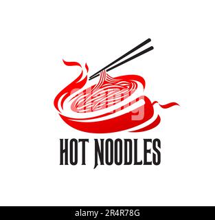 Heiße Ramen-Nudeln Schüssel mit Stäbchen, Vektorsymbol japanischer oder chinesischer Küche. Nudelsuppe mit Eiern, Nudelsuppe mit Miso und würzigem Chili-Pfeffer-Etikett mit Ramen-Instantgericht oder asiatischem Restaurantmenü Stock Vektor