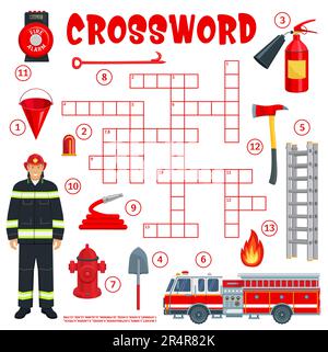 Arbeitsblatt Kreuzworträtsel-Raster für Feuerwehrleute und Löschgeräte. Finde ein Wort-Quiz-Spiel. Cartoon-Vektorgitter mit Feuerlöscher, Eimer, Schaufel, Leiter und Lkw. Hydrant, Schlauch, Feuerwehrmann, Alarm und Axt Stock Vektor