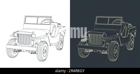 Stilisierte Vektordarstellungen von Blaupausen von Geländefahrzeugen Stock Vektor