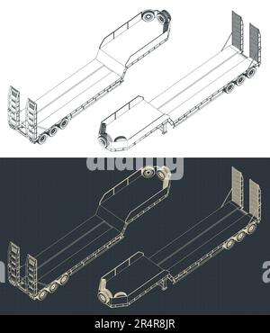 Stilisierte Vektordarstellungen isometrischer Entwürfe eines 3-achsigen Tiefladers Stock Vektor