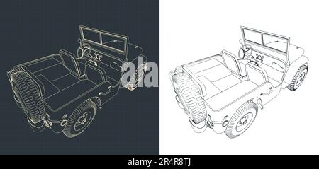 Stilisierte Vektordarstellungen von Blaupausen von Geländefahrzeugen Stock Vektor