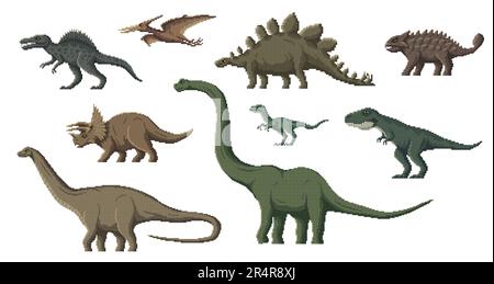 Pixel-Dinosaurier-Figuren. 8-Bit-Game-Asset, Pixel Art-Dino-Tiere. Brontosaurus, Tyrannosaurus, Velociraptor und Pteranodon, Diplodocus, Stegosaurus ausgestorbenes Reptil, vektorpixelierte Dinosaurier Stock Vektor