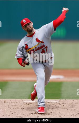 CLEVELAND, OH - 28. MAI: Der Startkrug Jordan Montgomery (47) der St. Louis Cardinals spielt am 28. Mai 2023 im Progressive Field in Cleveland gegen die Cleveland Guardians. (Joe Robbins/Image of Sport) Stockfoto