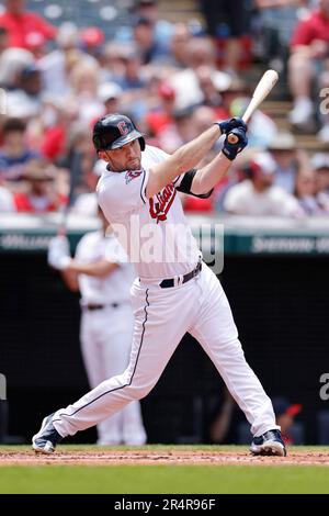 CLEVELAND, OH - 28. MAI: Der erste Baseman David Fry der Cleveland Guardians schlägt am 28. Mai 2023 im Progressive Field in Cleveland gegen die St. Louis Cardinals. (Joe Robbins/Image of Sport) Stockfoto