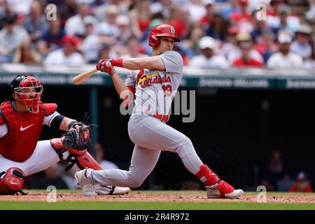 CLEVELAND, OH - 28. MAI: Der zweite Baseman Tommy Edman (19) der St. Louis Cardinals schlägt am 28. Mai 2023 im Progressive Field in Cleveland gegen die Cleveland Guardians. (Joe Robbins/Image of Sport) Stockfoto