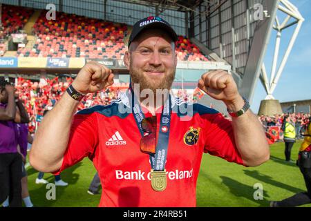 Limerick, Irland. 29. Mai 2023. Jeremy Loughman feiert am 29. Mai 2023 während des Munster Rugby Homecoming im Thomond Park Stadium in Limerick, Irland (Foto: Andrew SURMA/Credit: SIPA USA/Alamy Live News Stockfoto