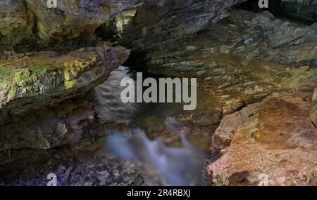 Lange Exposition des klaren Wasserbaches, der aus der Kalkstein-Junee-Höhle in Maydena, Tasmanien, Australien hervorgeht Stockfoto