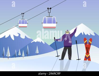 Standseilbahn mit Kabinen. Skier-Athleten-Stände mit Skiern und Snowboard. Winterlandschaft mit Bergen. Zubehör für den Winterurlaub. Vektor. Stock Vektor