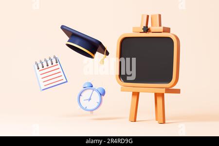 Graduieren Sie Kappe und Uhr, Tafel und Kalender auf gelbem Hintergrund, 3D-Rendering. Digitale Zeichnung. Stockfoto