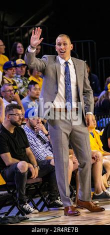 Edmonton, Kanada. 28. Mai 2023. Edmontons Jordan Baker wurde während der Eröffnungssaison der Edmonton Stingers 2023 gegen den Calgary Surge gesehen. Calgary Surge 82 -81 Edmonton Stingers Credit: SOPA Images Limited/Alamy Live News Stockfoto