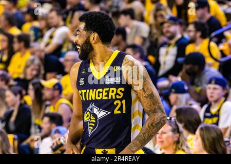 Edmonton, Kanada. 28. Mai 2023. Edmontons Adika Peter McNeilly wurde während der Eröffnungssaison der Edmonton Stingers 2023 gegen den Calgary Surge gesehen. Calgary Surge 82 -81 Edmonton Stingers (Foto: Ron Palmer/SOPA Images/Sipa USA) Kredit: SIPA USA/Alamy Live News Stockfoto