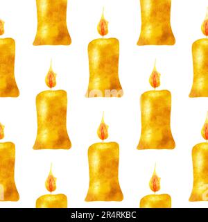 Wasserfarbenes, handgezeichnetes nahtloses Muster gelber brennender Kerzen auf weißem Hintergrund Stockfoto