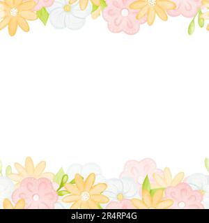 Gebrauchsfertiger Rahmen mit Blumenmuster. Horizontales nahtloses Banner mit blühenden Blumen und Blättern. Frühlingssommer mit Blumenkulisse Stockfoto