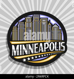 Vektorlogo für Minneapolis, schwarzes dekoratives Etikett mit Illustration der modernen Stadtlandschaft von minneapolis im Hintergrund des dunklen Himmels, Kühlschrank im Kunstdesign Stock Vektor