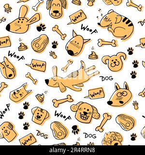 Komisches, nahtloses Muster mit handgezeichneten Doodle-Hunden, Pfotenabdrücken und Knochen Stock Vektor