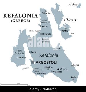 Kefalonia, griechische Insel, graue politische Karte. Auch bekannt als Cephalonia, Kefallinia oder Kephallenia. Die größte Ionische Insel im Westen Griechenlands. Stockfoto