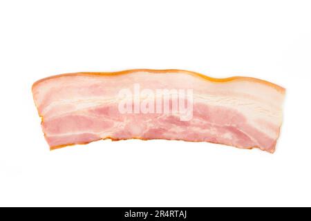 Frische rohe Scheiben Speck isoliert auf weißem Hintergrund. Draufsicht. Stockfoto