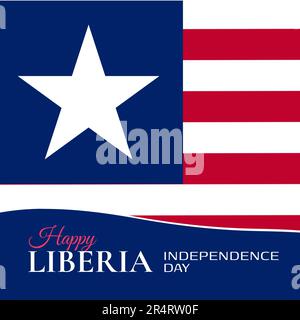 Fröhlicher Text zum liberia Unabhängigkeitstag in Rot und Weiß auf Blau, unter liberianischer Flagge Stockfoto