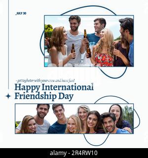 Zusammensetzung des Textes zum internationalen Freundschaftstag über verschiedene Freunde mit Bier Stockfoto