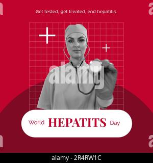 Zur Zusammensetzung des World Hepatitis Day Text über eine weisse Arztin mit Stethoskop Stockfoto