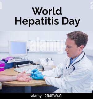 Zur Zusammensetzung des World Hepatitis Day Text über einen Kaukasier-männlichen Arzt Stockfoto