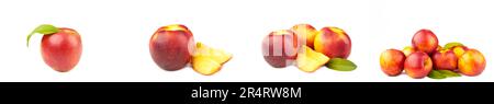 Reife Nektarine, isoliert auf weißem Hintergrund. Set oder Sammlung Stockfoto