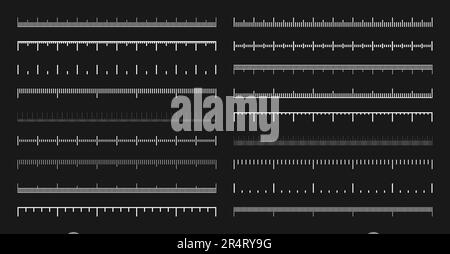 Verschiedene Messskalen mit Teilungen. Realistische weiße Skala zur Messung von Länge oder Höhe in Zentimetern, Millimetern oder Zoll. Lineal, Klebeband Stock Vektor