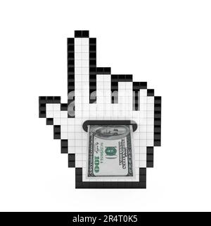 Pixel-Hand-Cursor-Symbol mit einer Hundert-Dollar-Banknote auf weißem Hintergrund. 3D-Rendering Stockfoto