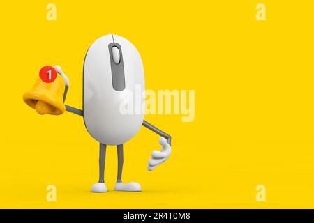 Computermaus Cartoon Person Character Maskottchen mit Cartoon Social Media Benachrichtigungsglocke und Symbol für neue Nachricht auf gelbem Hintergrund. 3D-Rendering Stockfoto