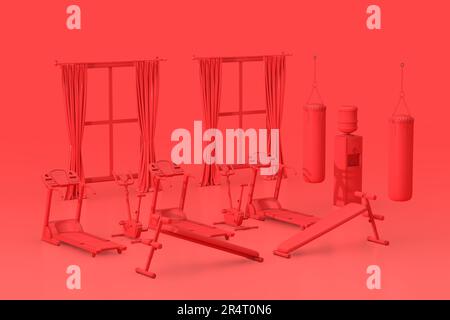 Roter, einfarbiger Duotone Gymnasium-Raum mit Fenstern, Trainingsbänken, Stanztaschen für Boxtraining und Laufbandmaschinen auf rotem Rücken Stockfoto