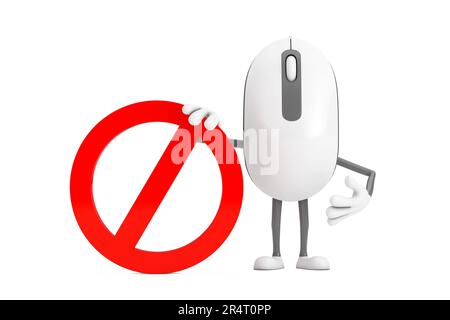 Maskottchen für die Figur der Computermaus mit rotem Verbotsschild oder Verbotsschild auf weißem Hintergrund. 3D-Rendering Stockfoto