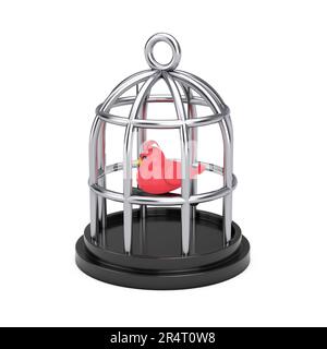 Abstrakter Cartoon-Käfig aus Chrom mit rotem Vogelsymbol auf weißem Hintergrund. 3D-Rendering Stockfoto