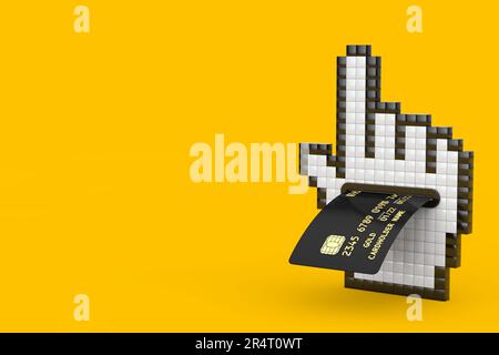 Pixel-Hand-Cursor-Symbol mit goldener schwarzer Kunststoffkreditkarte mit Chip auf gelbem Hintergrund. 3D-Rendering Stockfoto