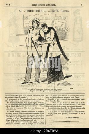 Seite aus klassischem französischem Comic, Cartoon, Sweethearts, Mann und Frau, die Arm in Arm die Straße entlang gehen, verliebt, 1890er., 19. Jahrhundert Stockfoto